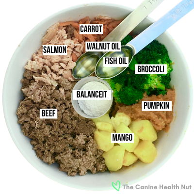 Source: https://thecaninehealthnut.com/homemade-dog-food-recipe-beef-salmon-and-pumpkin/